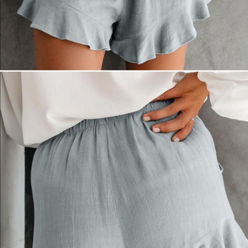 Light Blue Summer Ruffled Linen Shorts - Picture 2 of 3